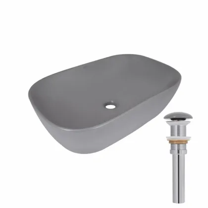 Раковина накладна Qtap Robin 600x390x150 мм, Stone grey, прямокутна, з донним клапаном QTROB188SG49786