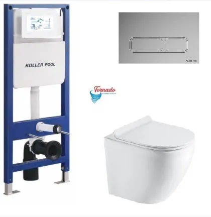 Інсталяція KollerPool AQUA LINE + EDGE Chrome панель змиву + підвісний унітаз ROUND Smart з сидінням Soft-close ( змив Tornado 3,0 )