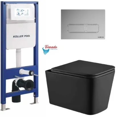Інсталяція KollerPool AQUA LINE + EDGE Chrome панель змиву + підвісний унітаз KVADRO Black matt з сидінням Soft-close ( змив Tornado )