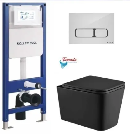 Інсталяція KollerPool AQUA LINE + EDGE White панель змиву + підвісний унітаз KVADRO Black matt з сидінням Soft-close ( змив Tornado )
