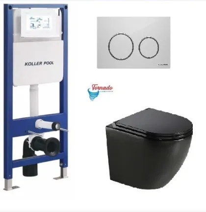 Інсталяція KollerPool AQUA LINE + TWIST White панель змиву + підвісний унітаз ROUND Black matt з сидінням Soft-close ( змив Tornado )