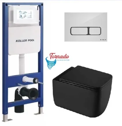 Інсталяція KollerPool AQUA LINE + EDGE White панель змиву + підвісний унітаз KVADRO START Black matt з сидінням Soft-close ( змив Tornado )