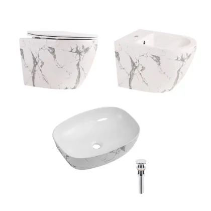 Комплект Qtap Robin Marble 3 в 1: підвісний унітаз Ultra Quiet + біде підвісне + раковина накладна QTROBMR49160