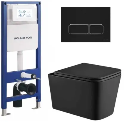 Інсталяція KollerPool AQUA LINE + EDGE Black панель змиву + підвісний унітаз KVADRO Black matt з сидінням Soft-close ( змив Tornado )