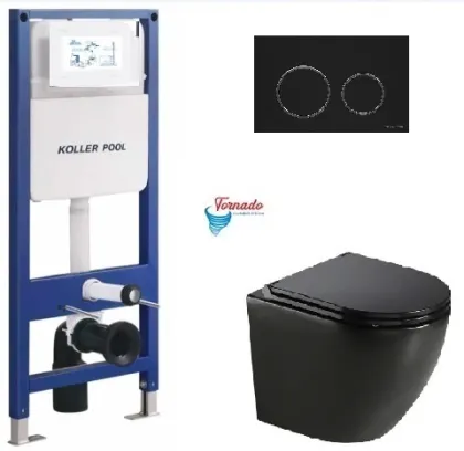Інсталяція KollerPool AQUA LINE + TWIST Black панель змиву + підвісний унітаз ROUND Black matt з сидінням Soft-close ( змив Tornado )