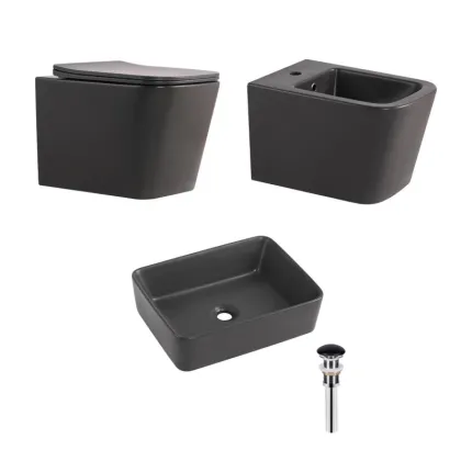 Комплект Qtap Tern Anthracite 3 в 1: підвісний унітаз Ultra Quiet + біде підвісне + раковина накладна QTROBAN49157