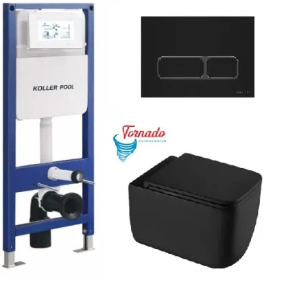 Інсталяція KollerPool AQUA LINE + EDGE Black панель змиву + підвісний унітаз KVADRO START Black matt з сидінням Soft-close ( змив Tornado )