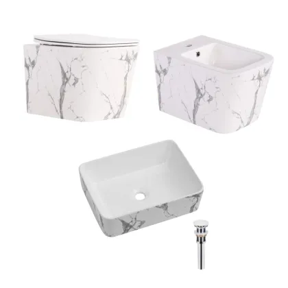 Комплект Qtap Tern Marble 3 в 1: підвісний унітаз Ultra Quiet + біде підвісне + раковина накладна QTTERMR49164