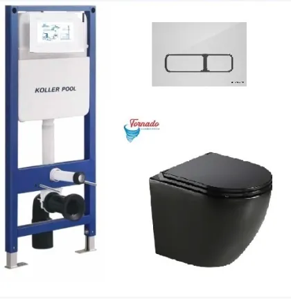 Інсталяція KollerPool AQUA LINE + EDGE White панель змиву + підвісний унітаз ROUND Black matt з сидінням Soft-close ( змив Tornado )
