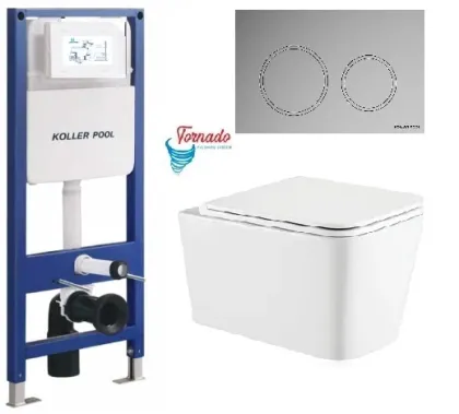 Інсталяція KollerPool AQUA LINE + TWIST Chrome панель змиву + підвісний унітаз KVADRO з сидінням Soft-close ( змив Tornado )