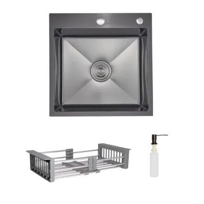 Комплект Lidz Handmade H5050HB Мийка для кухні інтегрована Decor Black PVD Honeycomb у комплекті з дозатором + Lidz K01G Корзина для кухонної мийки
