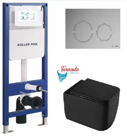 Інсталяція KollerPool AQUA LINE + TWIST Chrome панель змиву + підвісний унітаз KVADRO START Black matt з сидінням Soft-close ( змив Tornado )