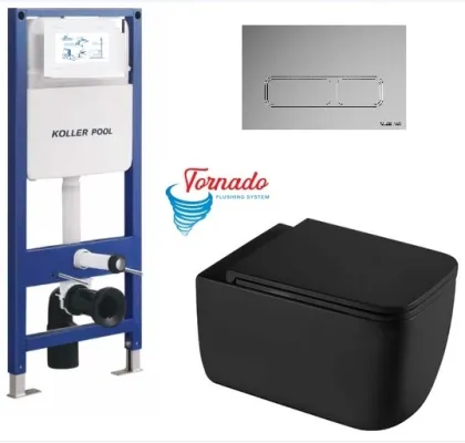 Інсталяція KollerPool AQUA LINE + EDGE Chrome панель змиву + підвісний унітаз KVADRO START Black matt з сидінням Soft-close ( змив Tornado )