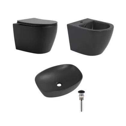 Комплект Qtap Robin Anthracite 3 в 1: підвісний унітаз Ultra Quiet + біде підвісне + раковина накладна QTROBAN49157