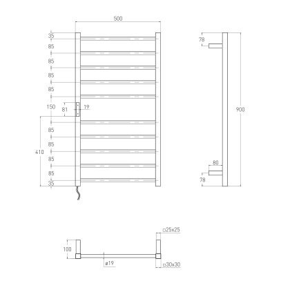 CAMPO електрична рушникосушарка L, 120W, 500*900мм, сталь 304, 10 перемичок (5-5) коло, стійки квадрат, таймер, термостат 70°С, cepillado cromo — Photo 1