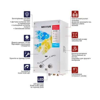 Газова колонка MIXXUS GWH-0610 BASIC GLASS димохідна 10 л/хв (панель зі скла з малюнком) (WH0027) — Photo 5
