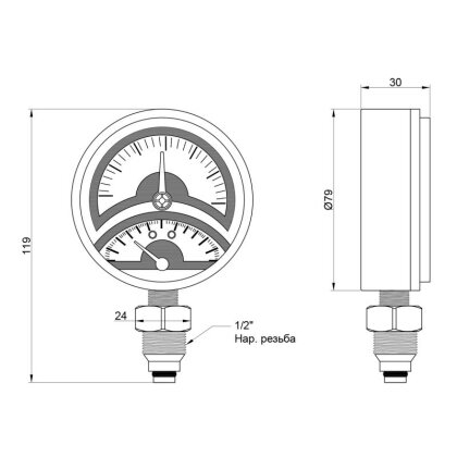 Термоманометр Icma 1/2&quot; 0-4 бар, нижне підключення №258 — Photo 1