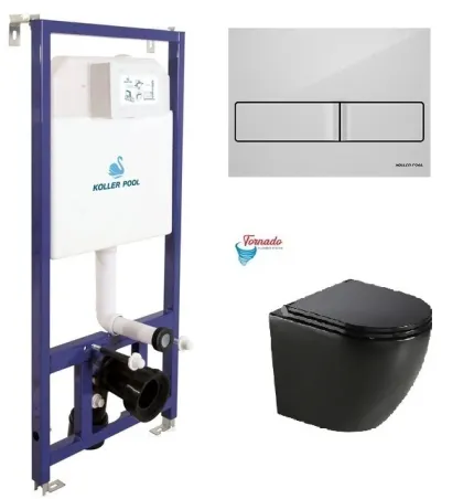 Інсталяція Koller Pool Dune 1200SL + Neon White панель змиву + підвісний унітаз ROUND Black matt з сидінням Soft-close (змив Торнадо)
