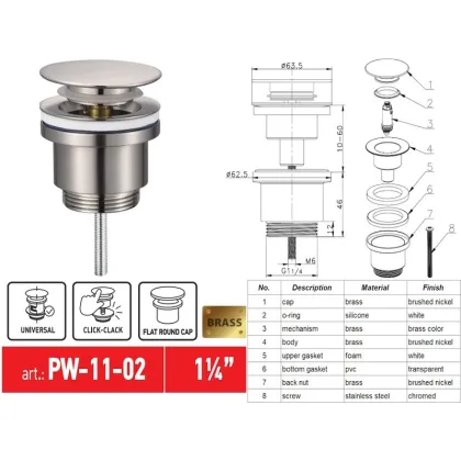 Донний клапан для раковини Koer PW-11-02 1 1/4''  універсальний (з/без перел) СLICK-СLACK SS COLOR (KR5792) — Photo 4
