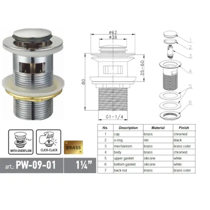 Донний клапан для раковини Koer PW-09-01 1 1/4'' з переливом автоматичний СLICK-СLACK (Колір хром) (KR5796) — Photo 2