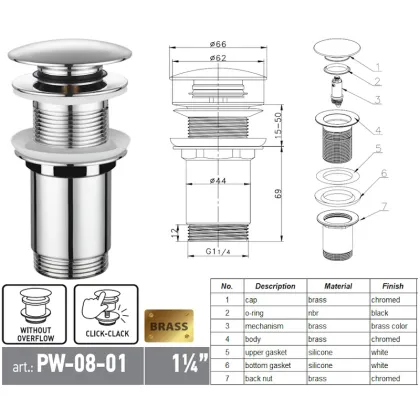 Донний клапан для раковини Koer PW-08-01 1 1/4''  без переливу автоматичний СLICK-СLACK (Колір хром) (KR5786) — Photo 7