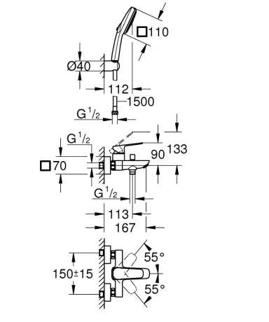 CUBEO змішувач для ванни, одноважільний, з душовим набором( ручний душ, шланг, тримач) колір хром — Photo 2