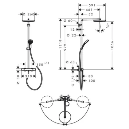 PULSIFY S PURO Showerpipe душова система 260 з термостатом, колір хром — Photo 1