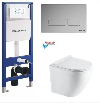 Інсталяція KollerPool AQUA LINE + EDGE Chrome панель змиву + підвісний унітаз ROUND з сидінням Soft-close ( змив Tornado 3,0 )