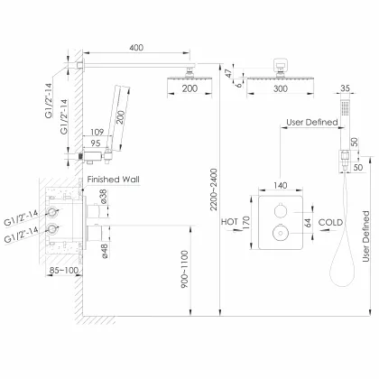 GRAFIKY система душова прихованого монтажу (термостат 2-F, душ 300*200 мм, лійка стік 1 режим, шланг 1500 мм SS), чорний нікель — Photo 1