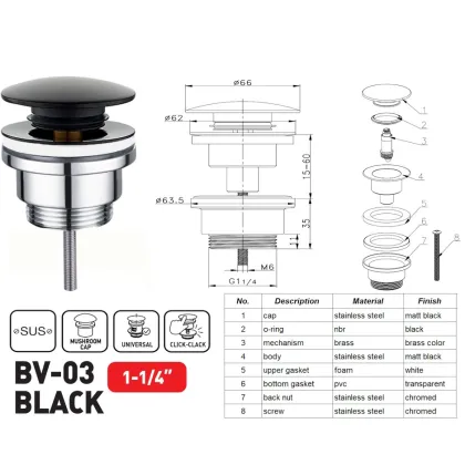 Донний клапан для раковини універсальний (з/без переливу) ZERIX BV-03 BLACK автоматичний (Click-Clack) (Колір чорний) 1 1/4'' (ZX6020) — Photo 7