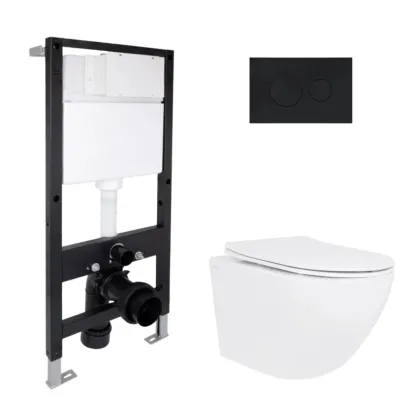 Готове рішення Qtap для ванної кімнати: підвісний унітаз Jay Rimless 485x360x320 + комплект інсталяції Standard (кругла клавіша Black)