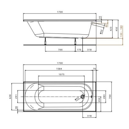 OPAL Plus ванна 170х70 см, прямокутна, без ніжок — Photo 1