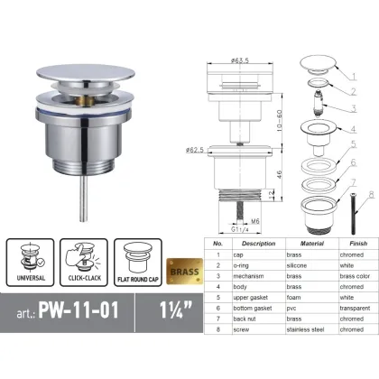 Донний клапан для раковини Koer PW-11-01 1 1/4''  універсальний (з/без перел) СLICK-СLACK (Колір хром) (KR5790) — Photo 5