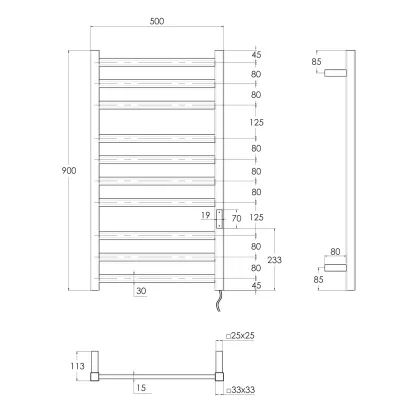 i-HEAT рушникосушарка електро, 120W, 500 * 900мм, AISI 304, 10п. (3-4-3) напівовал, стійки квадрат, таймер, терморегулятор, сталь сатин, правий — Photo 1