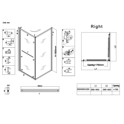 Душова кабіна без піддону Koer SR SC09-90x90x200-R-TR-12 прозоре скло Easy Clean 6мм Матове золото (KR5771) — Photo 2