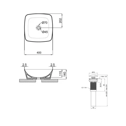 Комплект Qtap Kolibri: Раковина накладна 400x400x140 мм, White, квадратна + Донний клапан Pop-up PU02 — Photo 1