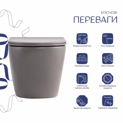 Унітаз підвісний Qtap Robin Ultra Quiet 520×365×340 мм, Stone grey, з сидінням Slim Duroplast / Soft-close / Quick Release QTROB26SG48996 — Photo 2