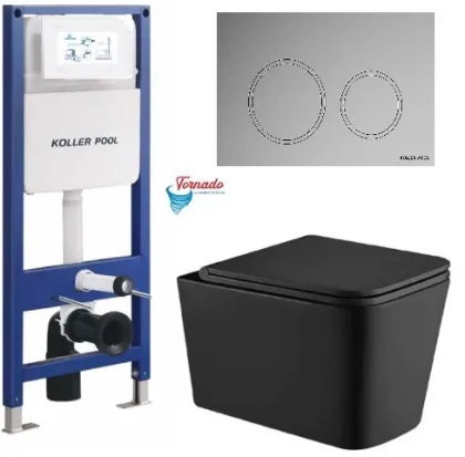 Інсталяція KollerPool AQUA LINE + TWIST Chrome панель змиву + підвісний унітаз KVADRO Black matt з сидінням Soft-close ( змив Tornado )