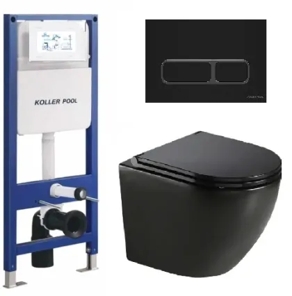 Інсталяція KollerPool AQUA LINE + EDGE Black панель змиву + підвісний унітаз ROUND Black matt з сидінням Soft-close ( змив Tornado )