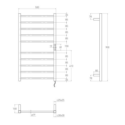 CAMPO електрична рушникосушарка R, 120W, 500*900мм, сталь 304, 10 перемичок (5-5) коло, стійки квадрат, таймер, термостат 70°С, cepillado cromo — Photo 1