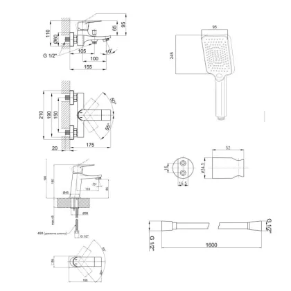 Комплект змішувачів для ванни Qtap Nihonto Black Matt QTNH3022101DCB+QTNH1022101CB з лійкою, шлангом та кронштейном — Photo 1