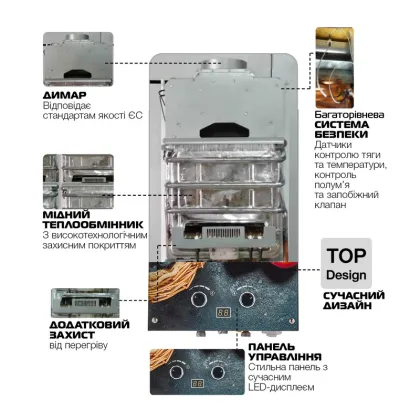 Газова колонка MIXXUS GWH-0310 BASIC GLASS димохідна 10 л/хв (панель зі скла з малюнком) (WH0024) — Photo 2