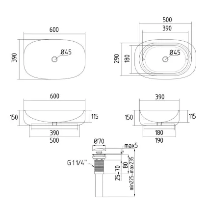 Раковина накладна Qtap Robin 600x390x150 мм, Stone grey, прямокутна, з донним клапаном QTROB188SG49786 — Photo 1