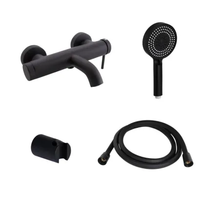 Комплект для ванної кімнати Qtap Robin Black Matt: Змішувач QTROB3060102B + Тримач QT829910842854OB + Шланг QTHADPVCSQ160B +Лійка QTRUC125BLM45951