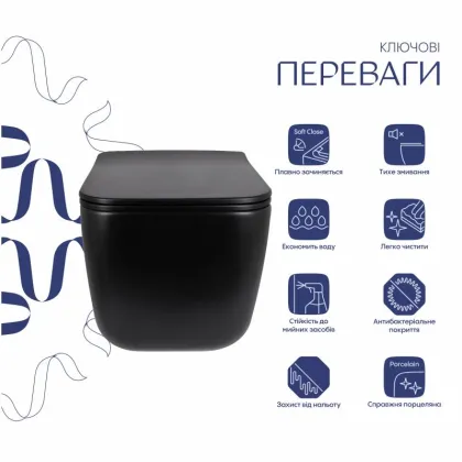 Унітаз підвісний Qtap Gemini Ultra Quiet 485×340×350 мм, Matt Black, з сидінням Slim Duroplast / Soft-close / Quick Release QTGEM28BLM50505 — Photo 2