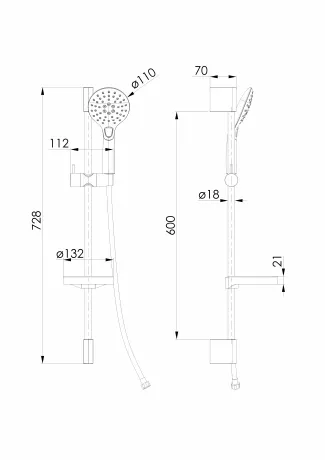 CASCADA B45 гарнітур душовий, лійка Ø110мм, 3 режими, штанга 72 см, шланг PVC 150см, мильниця, de la noche — Photo 1