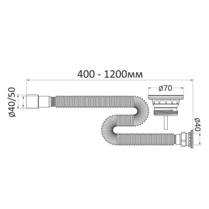 Сифон для умивальника, гофровий, з розбірним випуском, сітка випуску Ø65 мм, гофра Ø40/50 мм, 400-1200 мм — Photo 1