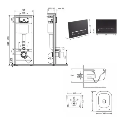 Готове рішення Qtap для ванної кімнати: підвісний унітаз Gemini Ultra Quiet 485×340×350 + комплект інсталяції Nest 4 в 1 (лінійна клавіша Matt Black) — Photo 1