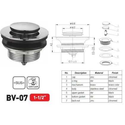 Донний клапан для ванни ZERIX BV-07 автоматичний (Click-Clack) (Колір хром) 1 1/2'' (ZX6024) — Photo 5