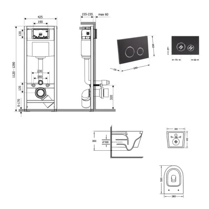 Готове рішення Qtap для ванної кімнати: підвісний унітаз Jay Ultra Quiet 520x360x320 + комплект інсталяції Nest 4 в 1 (кругла клавіша Black mat) — Photo 1